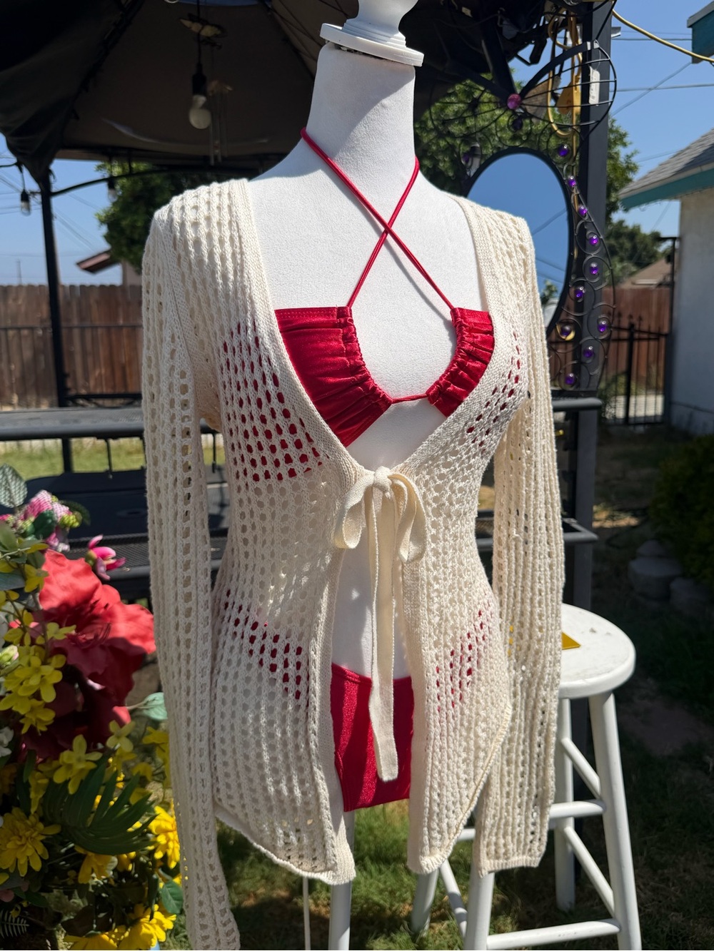 Othr Cream Open-Knit Tie-Front Cover-Up with Red Bikini